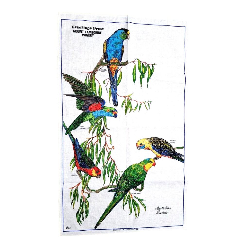 Vintage Ross Australian Birds Linen Kitchen Tea Towel Mount Tamborine Winery